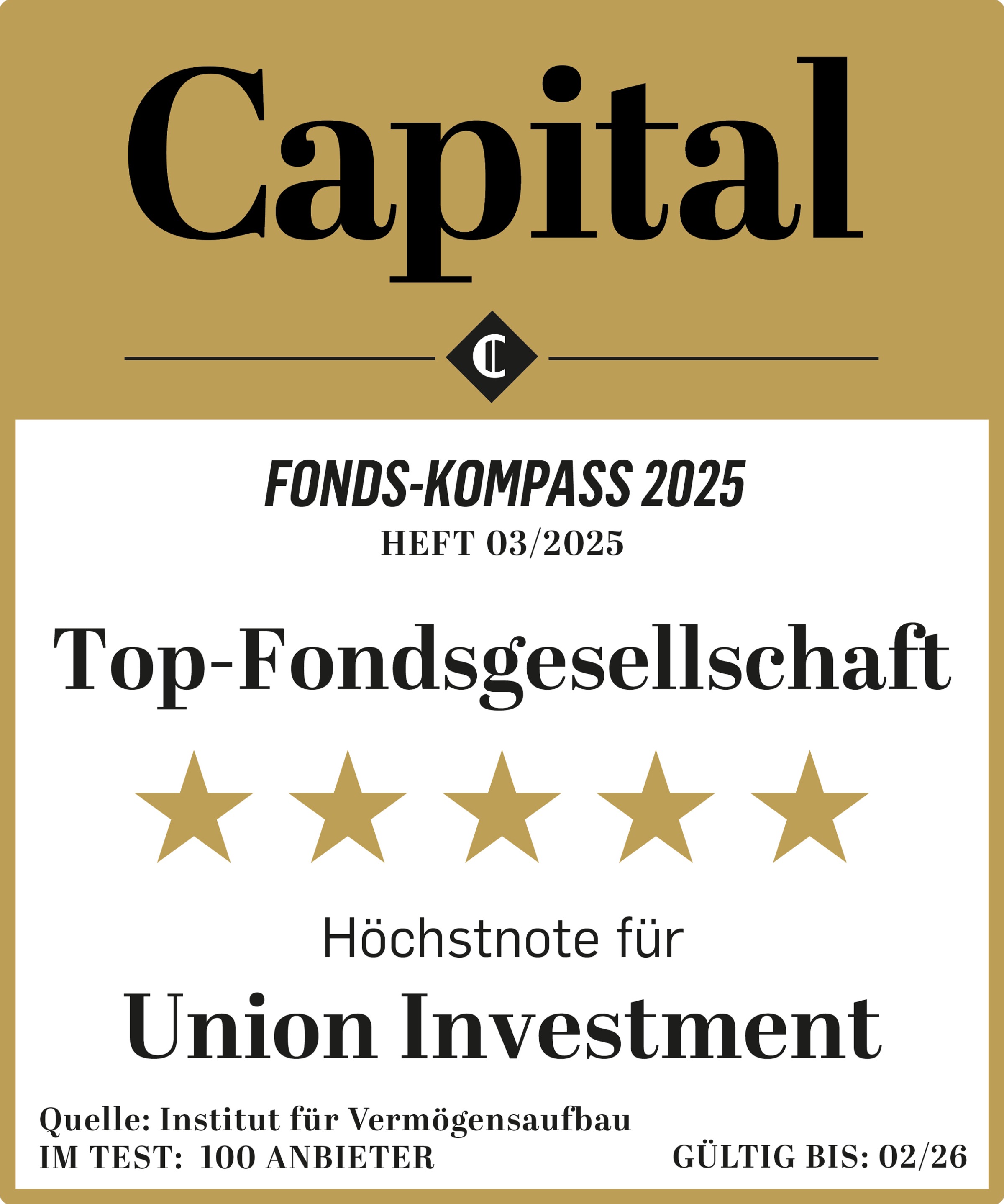 Auszeichnung von Capital für Union Investment als Top-Fondsgesellschaft 2025 mit fünf Sternen. Gültig bis 02/28.